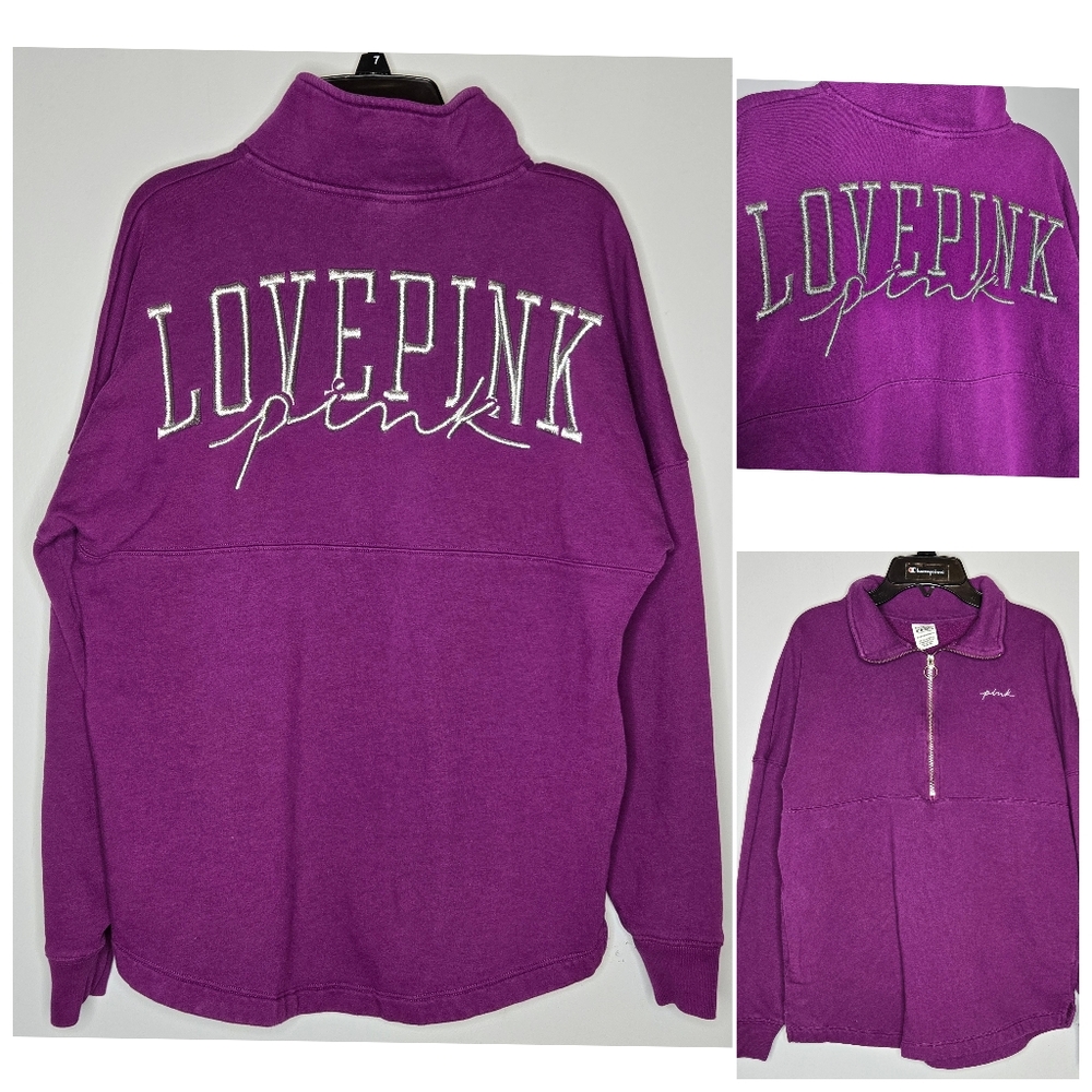 VS PINK Purple Silver Love Pink Embroidered Varsity Half Zip Pullover XS Spellou